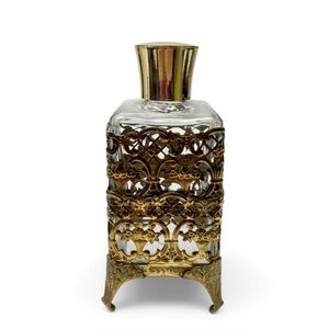 Vintage Ormolu Ornate Gold Filigree Glass Perfume Bottle Hollywood Regency